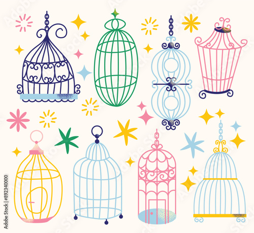 Set of different outlined cages. Line art ornamental bird cages collection, metal animal transport handing cages. Vector modern illustration isolated on background