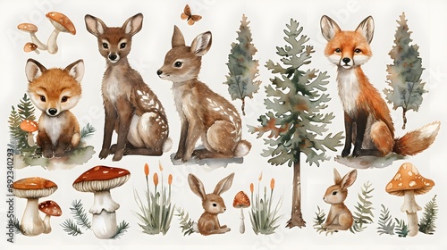 A set of watercolor paintings of animals in a forest, including rabbits, deer, and foxes