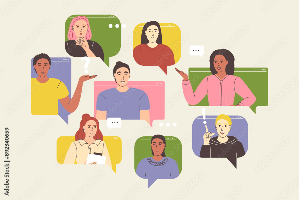 Online remote video conference call. Business communication via internet concept. Virtual distant work of people, colleagues team. Flat graphic vector illustration isolated on white background. Online remote video conference call. Business communication via internet concept. Virtual distant work of people, colleagues team. Flat graphic vector illustration isolated on white background.