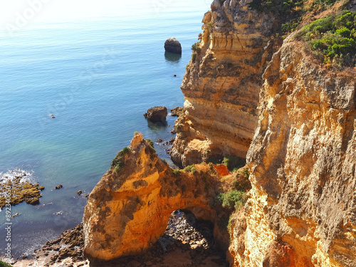 Beautiful nature on the ponta da Piedade hike starting at beach praia de dona ana in Lagos on new wooden boardwalks photo