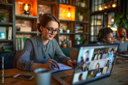 Young female manager, office worker sits at the table and talks via video connection from a laptop, participates in an online conference and business meeting, writes in a, Generative AI