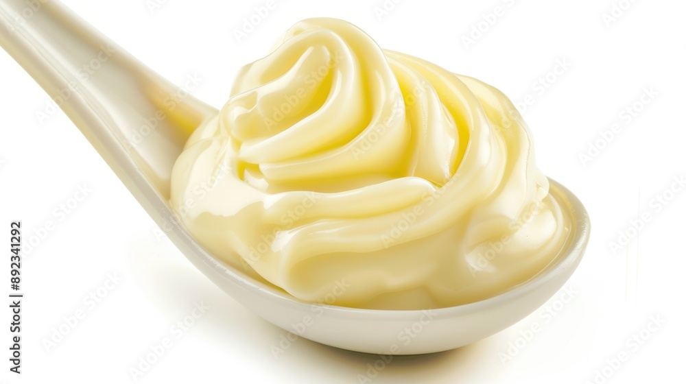 Close-up of a spoonful of creamy mayonnaise, isolated on a white background, perfect for food-related content Close-up of a spoonful of creamy mayonnaise, isolated on a white background, perfect for food-related content