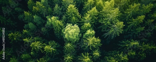 A stunning aerial view of a lush, green forest during summer. Free copy space for text.