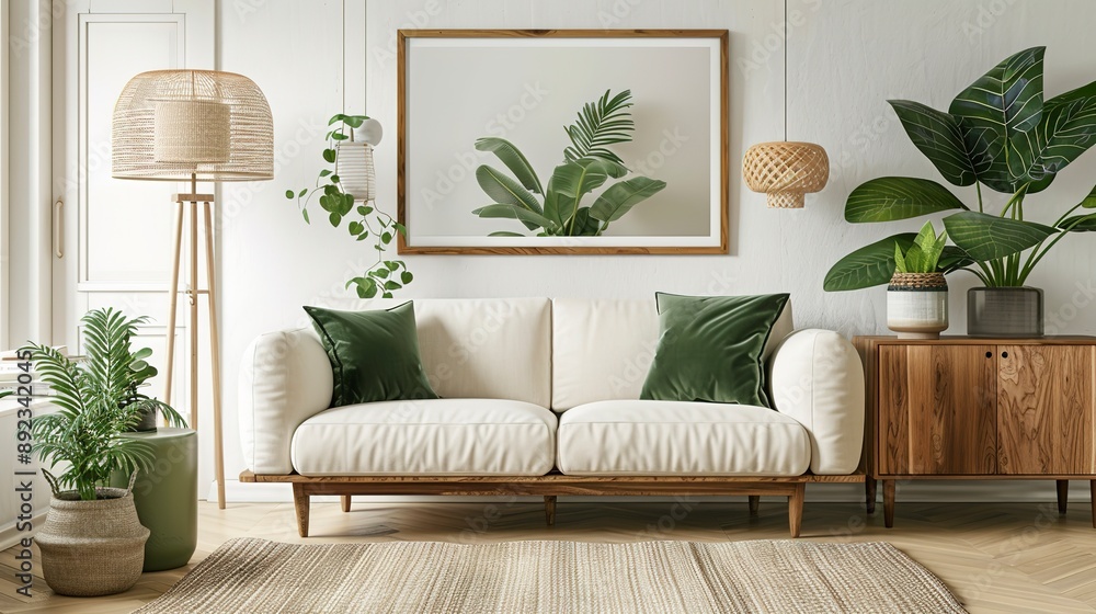 Warm and Cozy Composition of spring living room interior with mock-up poster frame, wooden sideboard, white sofa, green stand, base with leaves, plants, and stylish lamp, Home Decor