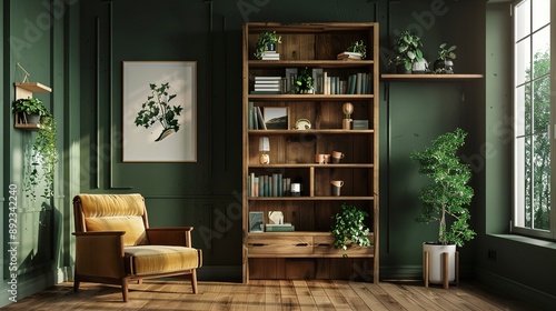 Wooden and green living room interior with shelves and poster 