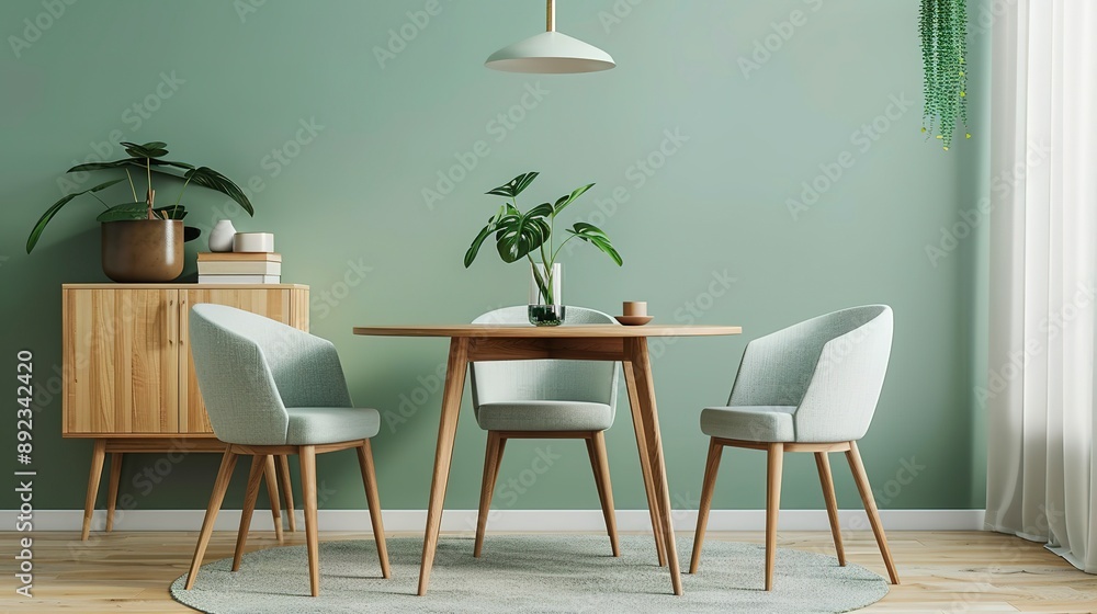 Obraz premium Mint color chairs at round wooden dining table in room with sofa and cabinet near green wall. Scandinavian, mid-century home interior design of modern living room. 