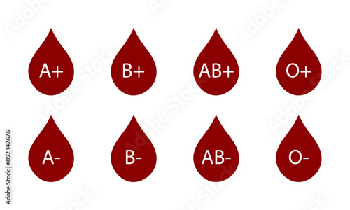 Blood group vector icon set in maroon color. Blood types. Drops of blood with blood type. Bleed Donation Concept. Drop blood for donation. O, A, B, AB positive and negative type of blood pictogram set