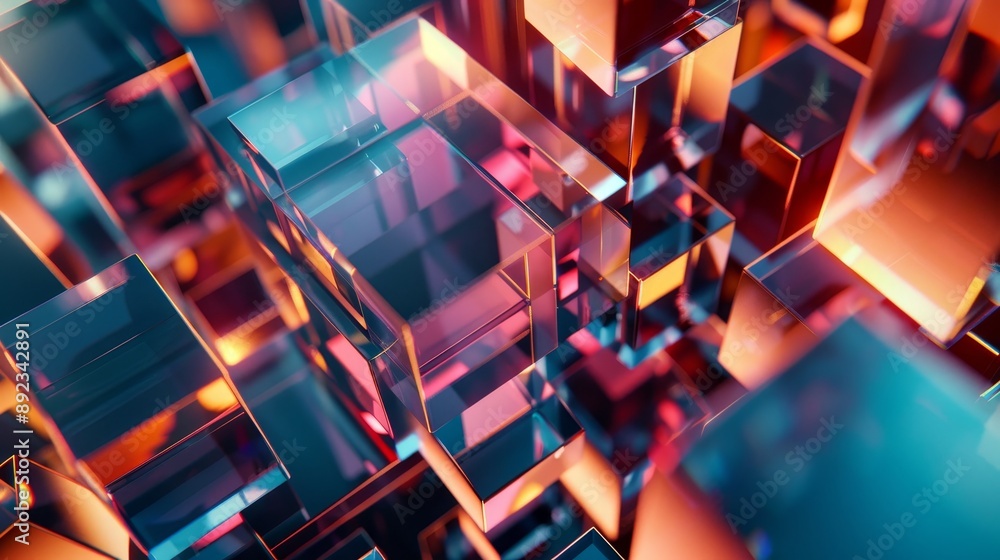 Abstract 3D render of floating glass cubes with a reflective surface in warm and cool lighting Abstract 3D render of floating glass cubes with a reflective surface in warm and cool lighting