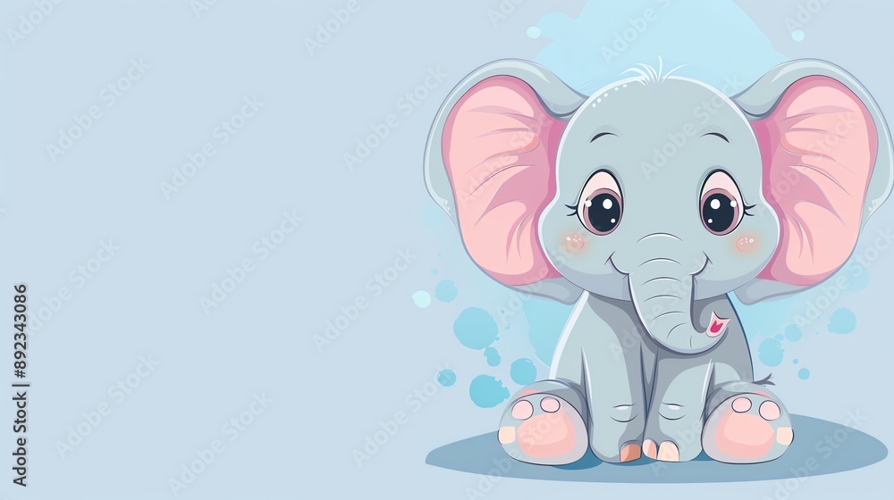 Obraz premium A cartoon illustration of a cute baby elephant with big eyes and pink ears.