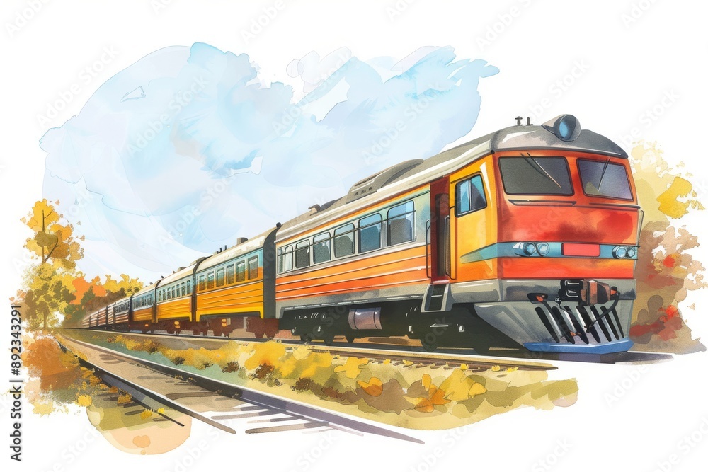 Obraz premium A watercolor illustration of a passenger train traveling through a scenic autumnal landscape. Children's Book Illustration