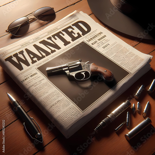 WANTED A fugitive featured in a vintage newspaper generated by AI