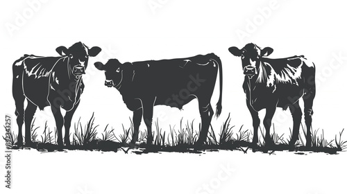 Three black silhouette cows standing in grass. Dairy or beef cattle illustrated in profile view. Farmyard scene in simple monochrome style isolated over blank transparent background