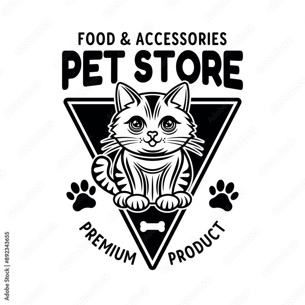 Pet store vector emblem concept with cute cartoon cat character illustration in black style isolated on white background Pet store vector emblem concept with cute cartoon cat character illustration in black style isolated on white background