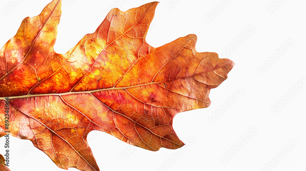 Aesthetic oak leaf with vibrant autumn colors, copy space, white background, presentation template. Generative AI Aesthetic oak leaf with vibrant autumn colors, copy space, white background, presentation template. Generative AI