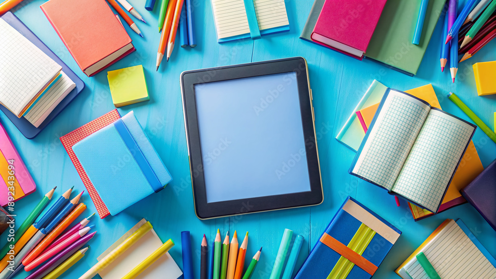 Vibrant tablets and e-readers displaying educational content, surrounded by textbooks, papers, and colorful pens, on a bright blue background, creating a learning environment atmosphere. Vibrant tablets and e-readers displaying educational content, surrounded by textbooks, papers, and colorful pens, on a bright blue background, creating a learning environment atmosphere.
