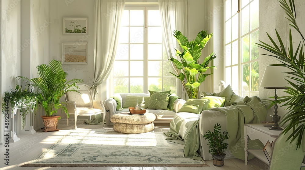 Fototapeta premium Light living room with green houseplants and furniture