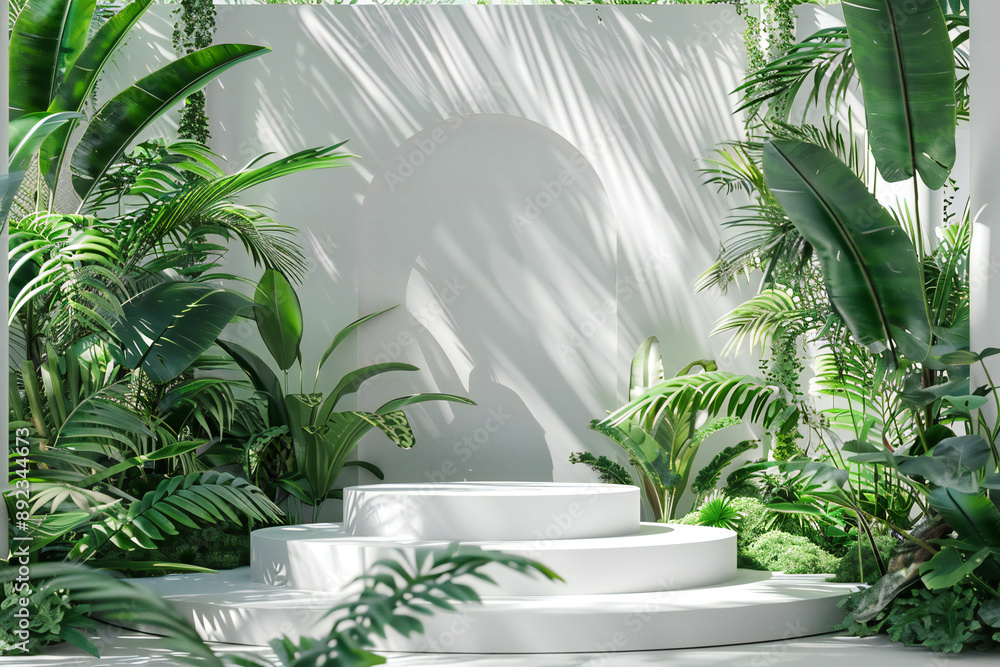 Fototapeta premium Elegant White Display Platform with Greenery Decor for Modern and Minimalist Natural Presentation