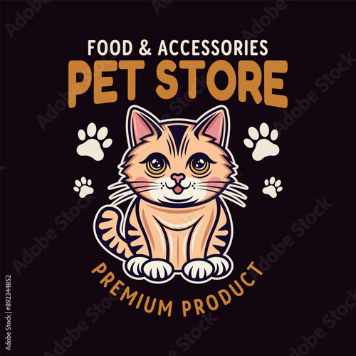 Pet store vector emblem concept with cute cartoon cat character illustration in colored style on dark background