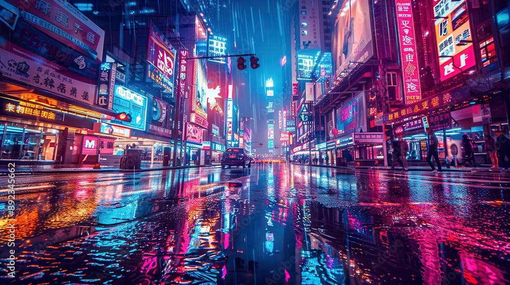 A dark but futuristic city concept, illuminated by neon lights and reflections on wet surfaces, reminiscent of cyberpunk worlds. A dark but futuristic city concept, illuminated by neon lights and reflections on wet surfaces, reminiscent of cyberpunk worlds.