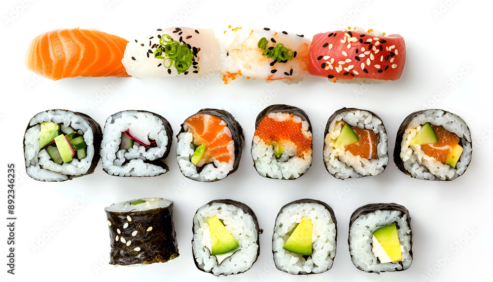 Traditional fresh japanese sushi rolls isolated on white background. Top view Traditional fresh japanese sushi rolls isolated on white background. Top view