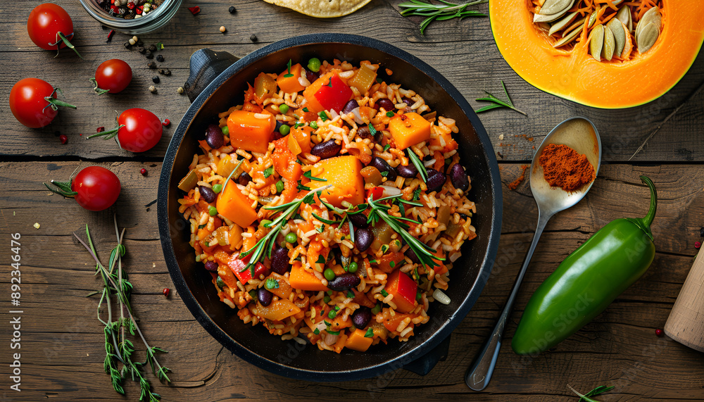 Mexican vegan vegetable pilaf with haricot beans and pumpkin. Top view Mexican vegan vegetable pilaf with haricot beans and pumpkin. Top view
