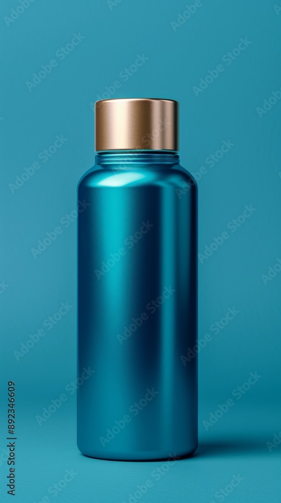 A blue bottle with a gold cap sits on a blue background A blue bottle with a gold cap sits on a blue background