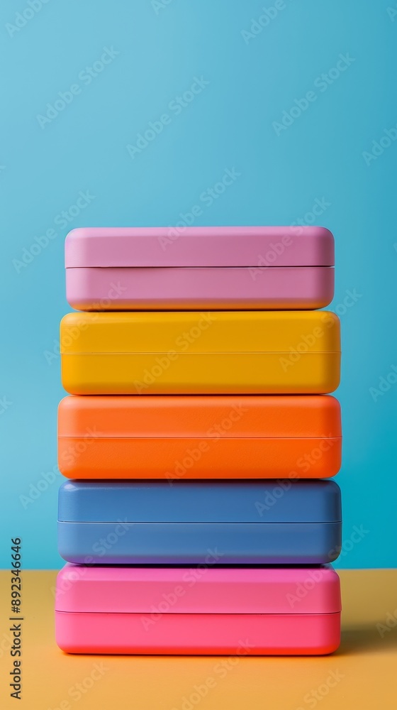 A stack of brightly colored boxes on a table A stack of brightly colored boxes on a table