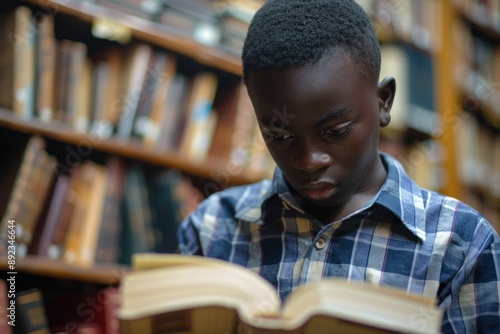 Puzzled teen African student selecting books in library. Concept of education, curiosity, and knowledge © Ольга Лукьяненко