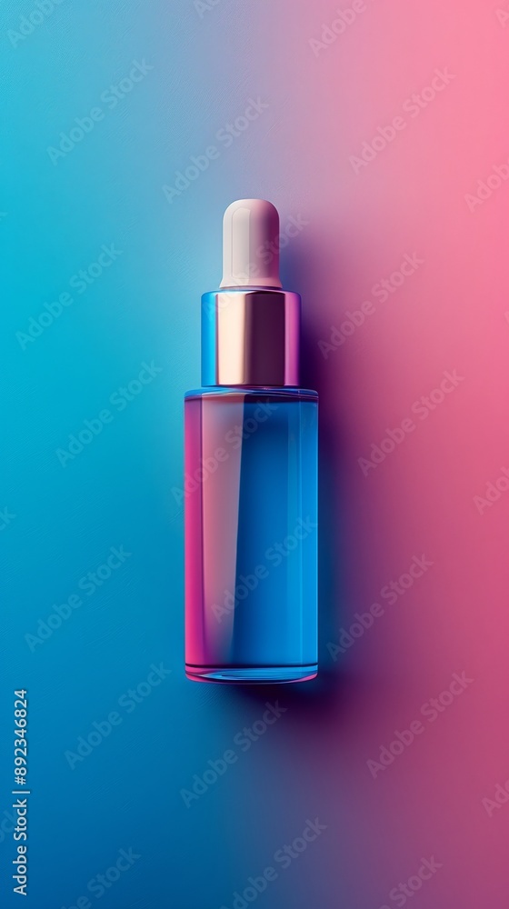 A bottle of perfume is sitting on a blue and pink background A bottle of perfume is sitting on a blue and pink background