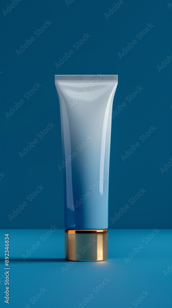 A tube of makeup is sitting on a blue surface A tube of makeup is sitting on a blue surface