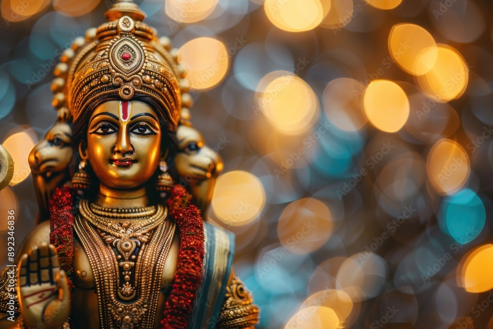 Fototapeta premium Ram Navami bokeh background with Hindu God Rama and copy space, day celebrates Hindu festival