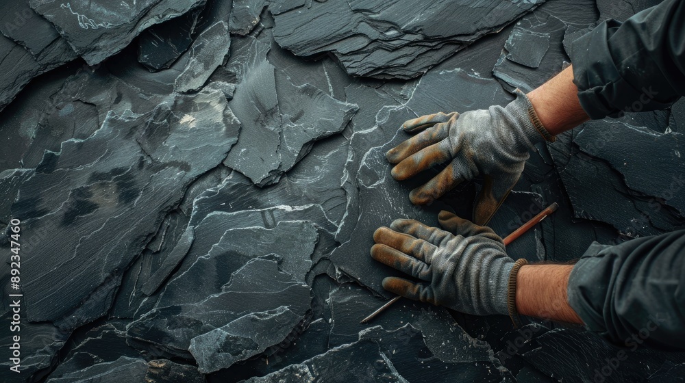 Repairing tools hands in gloves on dark stone top view Repairing tools hands in gloves on dark stone top view