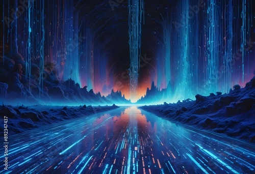 A surreal and futuristic landscape featuring a glowing blue river winding through a cavernous valley. Vertical beams of light pierce the dark sky, illuminating jagged rock formations and reflecting photo