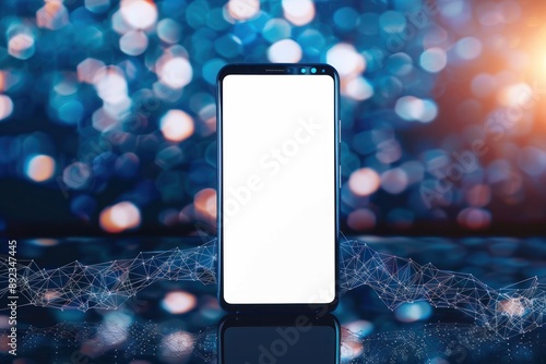 Smartphone with white mockup screen on Digital Connectivity and Global Networking Abstract background