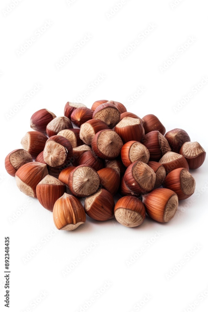 A pile of nuts on a white surface, suitable for food or decoration A pile of nuts on a white surface, suitable for food or decoration