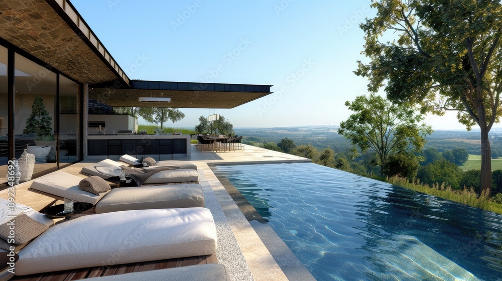 Fototapeta premium A luxurious outdoor pool area with a sleek infinity pool, comfortable loungers, an outdoor kitchen, and a view of a scenic landscape.