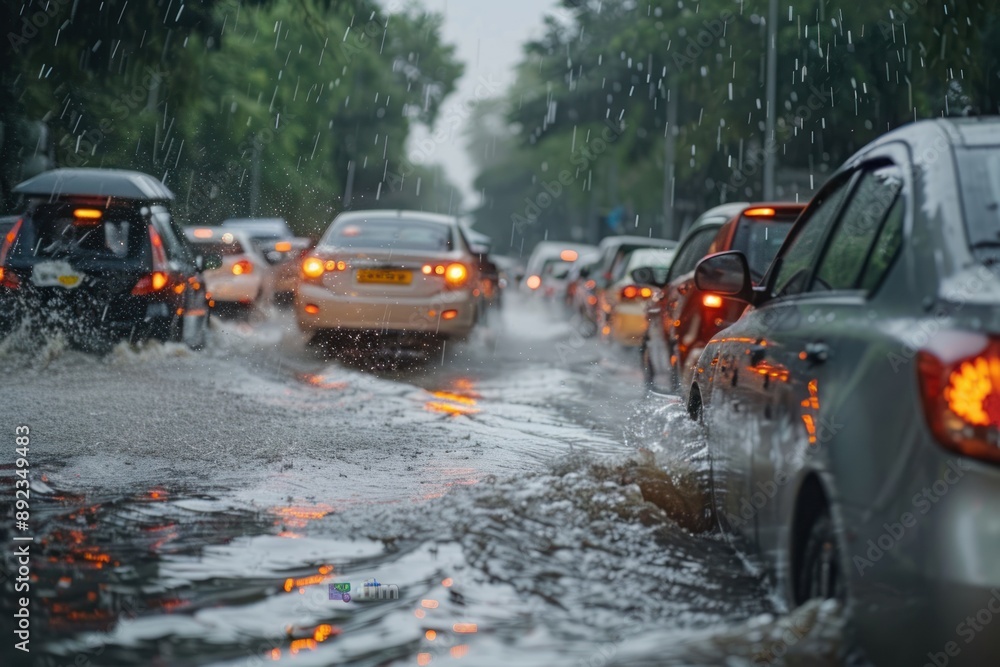 Fototapeta premium Vehicles stuck in traffic jams on flooded roads, raindrops frozen mid-air in high-speed shot