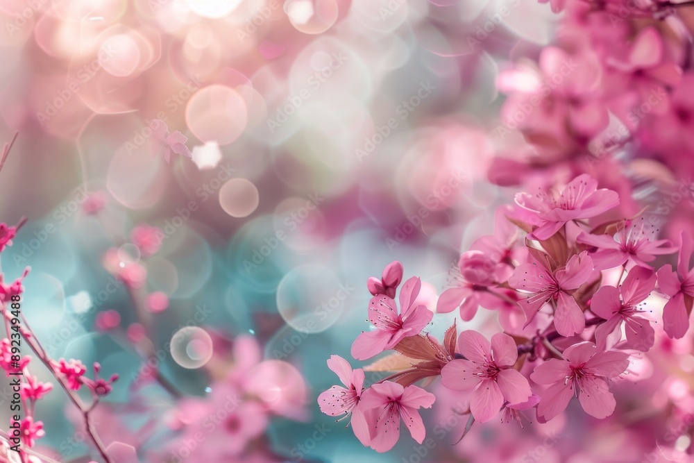 Vibrant pink blossoms spring background, cherry tree branches, bokeh, empty space, soft colors Vibrant pink blossoms spring background, cherry tree branches, bokeh, empty space, soft colors