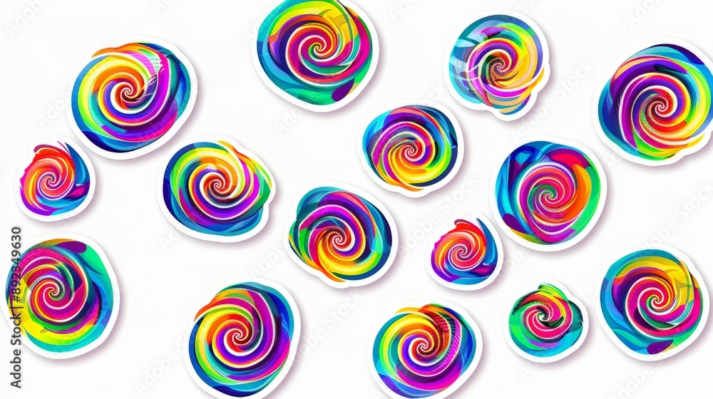 Psychedelic Spiral Sticker Collection: Diverse Colors and Hypnotic Designs on White Background Psychedelic Spiral Sticker Collection: Diverse Colors and Hypnotic Designs on White Background