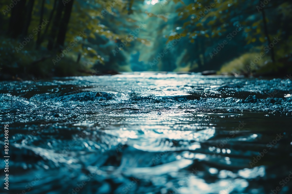 Fototapeta premium A close-up view of a river flowing through a lush green forest. The water is clear and sparkling, reflecting the sunlight filtering through the trees.
