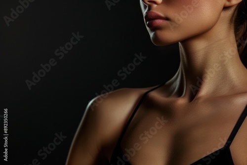 Woman with slim body posing on black background, closeup