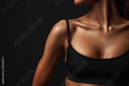 Woman with slim body posing on black background, closeup