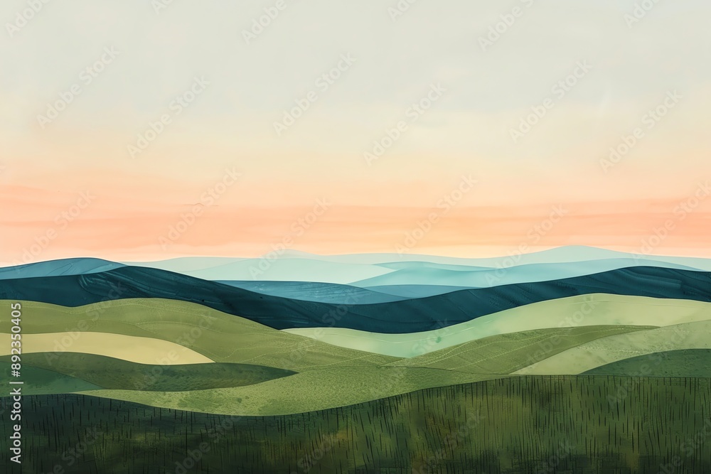 Fototapeta premium A minimalist, abstract watercolor painting depicting a landscape of rolling hills and a soft pink sunset.