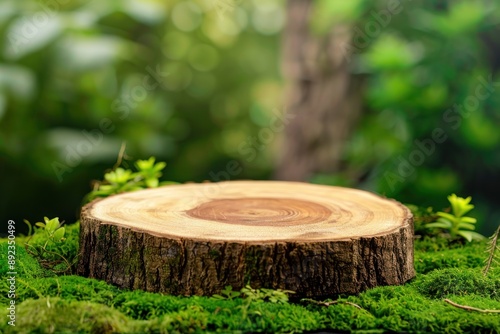 Wooden slice podium on a green moss background. Premium empty scene for product promotion, beauty, natural