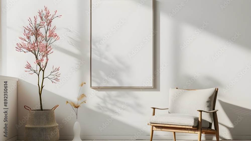 Modern cozy mock up and decoration furniture of living room and empty canvas frame on the white wall texture background, 3D rendering Modern cozy mock up and decoration furniture of living room and empty canvas frame on the white wall texture background, 3D rendering