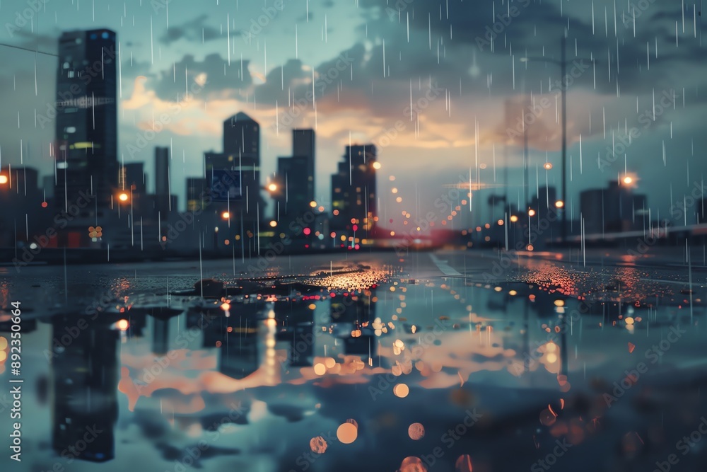 Fototapeta premium A rainy cityscape at night with reflections in the wet street. The sky is dark with clouds and rain falling. The city lights are visible.