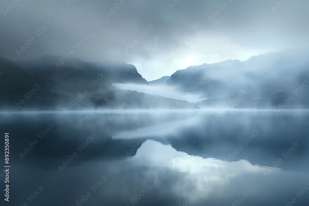 A serene mountain lake shrouded in mist, with a reflective surface mirroring the sky and peaks. A serene mountain lake shrouded in mist, with a reflective surface mirroring the sky and peaks.
