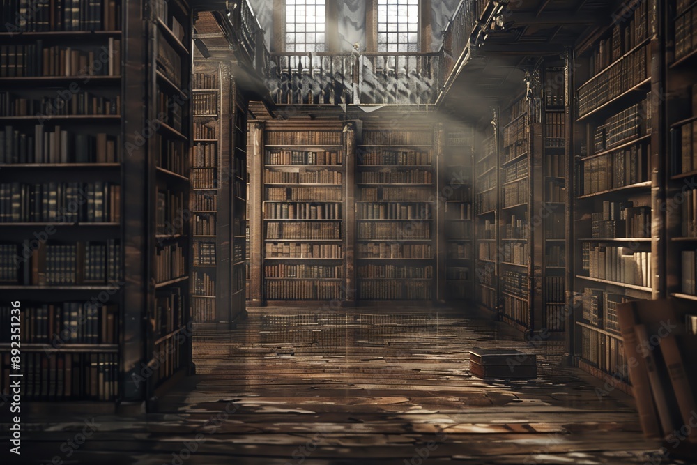 A sunbeam illuminates a grand, old library with towering bookshelves and dusty tomes. A sunbeam illuminates a grand, old library with towering bookshelves and dusty tomes.