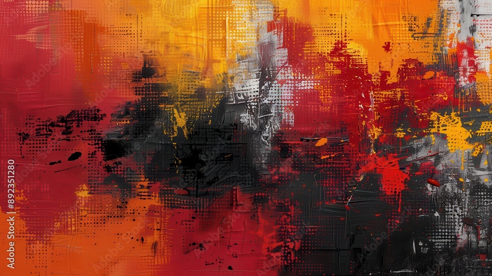 Vibrant abstract art piece featuring bold colors of red, orange, black, and yellow, perfect for contemporary decor inspirations. Vibrant abstract art piece featuring bold colors of red, orange, black, and yellow, perfect for contemporary decor inspirations.