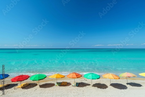 Wallpaper Mural Brightly colored umbrellas on a sandy beach, with the sun high in the sky and clear, inviting ocean waters beyond Torontodigital.ca
